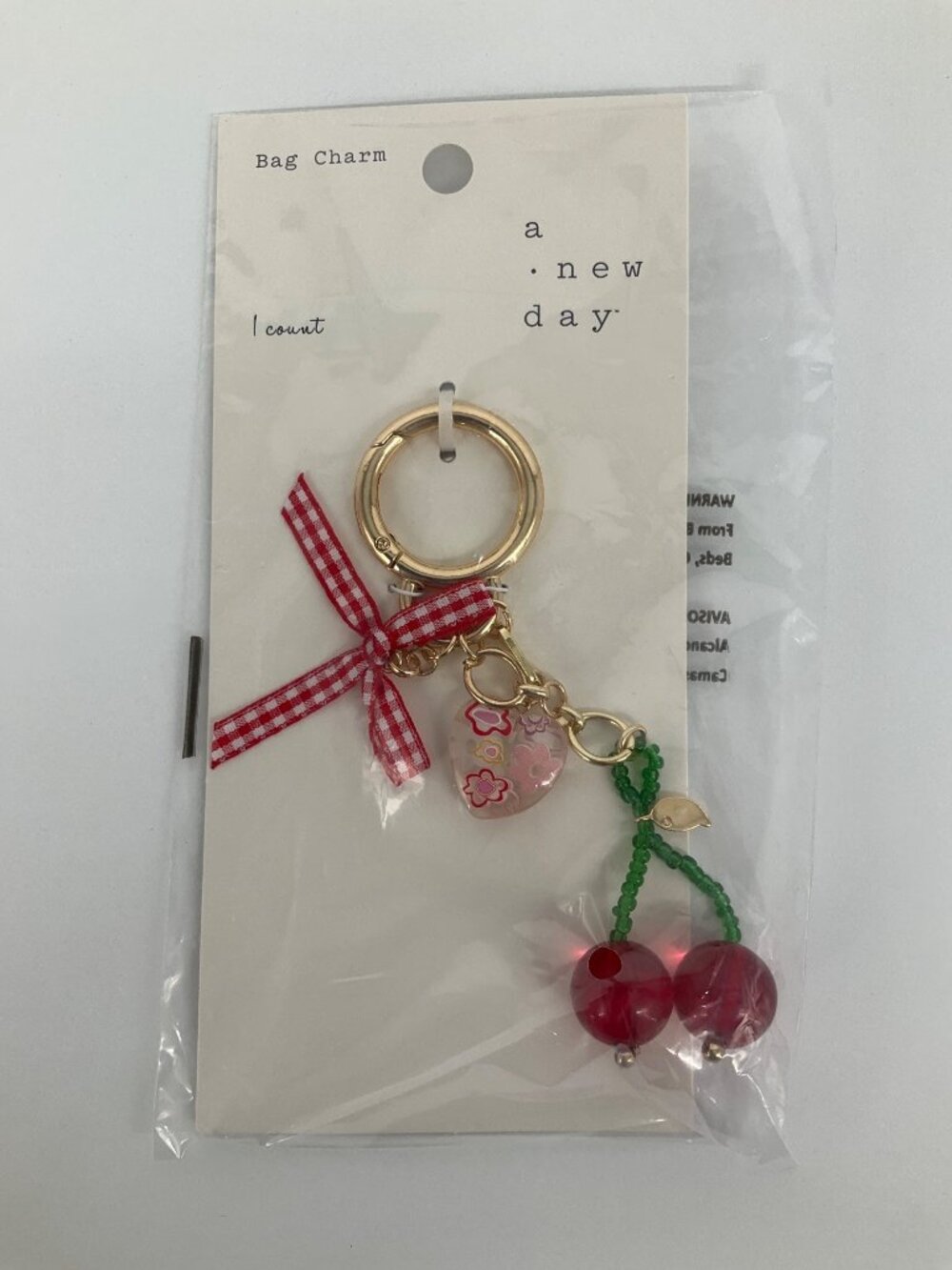 A New Day set of 3 Bag Charms Cherry, Cheetah Bow, Strawberry Heart. NEW - Picture 2 of 5